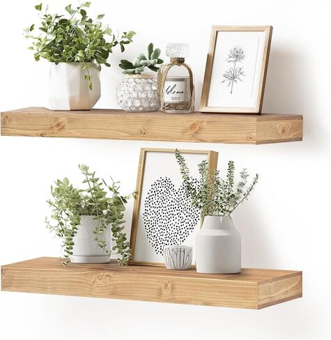 17x6.8x2 Inch Rustic Floating Shelves for Wall Set of 2 - Oak Solid Wood Wall Mounted Shelves with Invisible Bracket, Compact Design for Farmhouse Living Room Bedroom Kitchen Decor in Saudi Arabia