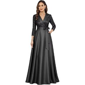 Sequin Satin Mother of The Bride Dresses for Women 3/4 Sleeves V Neck Long Formal Wedding Guest Dresses with Pockets in Kuwait