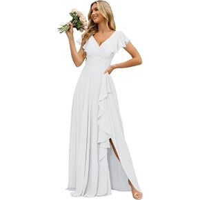 فساتين وصيفة العروس شيفون برقبة على شكل V من CuteMe للنساء مشد بأكمام واسعة مكشكشة فستان رسمي طويل مع فتحة CC016 in Kuwait