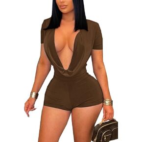DINGANG Jumpsuit for Women Sexy Deep V Neck Short Sleeve Bodycon Romper Party Club Outfits in Kuwait