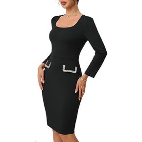 فستان نسائي بأكمام طويلة من BARASA فستان ضيق بجيب ربيعي مناسب للعمل الرسمي Bodycon برقبة مربعة فساتين متوسطة الطول D538 in Kuwait