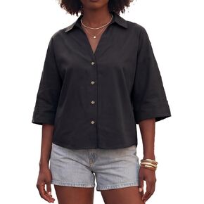 قمصان كبيرة الحجم بأزرار سفلية بأكمام 3/4، قمصان نسائية فضفاضة برقبة على شكل V، بلوزة قطنية كاجوال أنيقة للأعمال in Kuwait