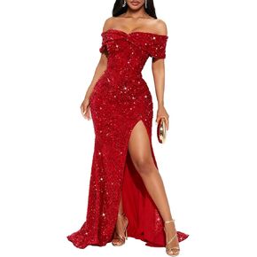 فستان CuteMe بدون أكتاف مزين بالترتر للحفلات الراقصة للنساء، فستان سهرة رسمي مكشكش مع فتحة CC007 in Kuwait