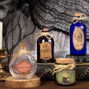Potion Bottles Halloween Decoration, Set of 4 Glass Potion Bottles with Corks and 10 Halloween Bottle labels, Halloween Tiered Tray Decor, Halloween Decorations Indoor in Kuwait