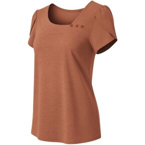 Womens Button Down Shirt Short Sleeve Tops Casual T Shirts Summer Asymmetrical Neck Dressy Blouses Petal Sleeve Tunic in Kuwait