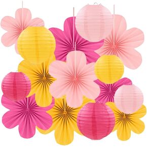 15Pcs Pink Yellow Party Decor Kit, Hanging Paper Lanterns Paper Flowers for Birthday Baby Shower Wedding Classroom Wall Decorations in Saudi Arabia
