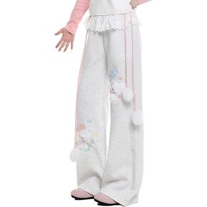بنطلون رياضي نسائي Y2K لطيف مطرز بالدانتيل منتفخ برباط مرن سروال برسومات الكلب واسع الأرجل مستقيمة in Kuwait