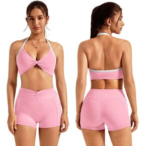 طقم تمارين للنساء من قطعتين، حمالة صدر رياضية برقبة رسن، شورت عالي الخصر للتحكم في البطن، ملابس رياضية لليوجا والجيم بدون ظهر in Kuwait
