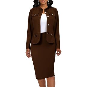Women's Brown Two Piece Sets Business Casual Blazer Jacket and Skirt Outfits Suits Wear to Work(X-Large) in Kuwait
