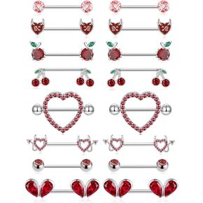 8 أزواج من حلقات الحلمة 14 جرام من الفولاذ المقاوم للصدأ على شكل قلب الكرز والتفاح الشيطان تشيكوسلوفاكيا من الأكريليك على شكل كرة من الحديد، مجموعة حلقات اللسان اللطيفة من المجوهرات المثقوبة للنساء بلون فضي أحمر in Kuwait