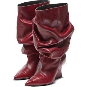 Slouch Mid Calf Wedge Heel Boots for Women – Pull On Wide Calf Boot Pointed Toe Dress Boots Slouchy Fall Winter Fashion Shoes in Kuwait