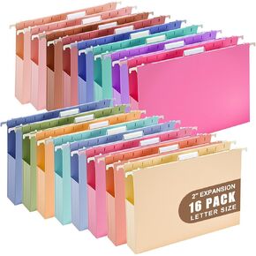 16 حزمة من مجلدات الملفات البلاستيكية المعلقة ذات السعة الإضافية، حجم الحروف، مجلد تعليق مقوى بتوسيع 2 بوصة مع علامات تبويب 1/5 قطع، مجلدات خزانة الملفات للمكتب والمنزل (متعدد الألوان) in Kuwait