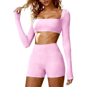 مجموعات تجريب للنساء قطعتين عالية الخصر لراكبي الدراجات النارية قصيرة رقبة مربعة وأكمام طويلة قطع علوية بيلاتيس ملابس رياضية للصالة الرياضية in Kuwait