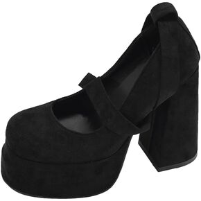 Women's Retro French Suede Mary Jane Platform Pumps, Chunky High Heel Big Bow Shoes with Buckle Strap for Party Wedding All Season in Saudi Arabia