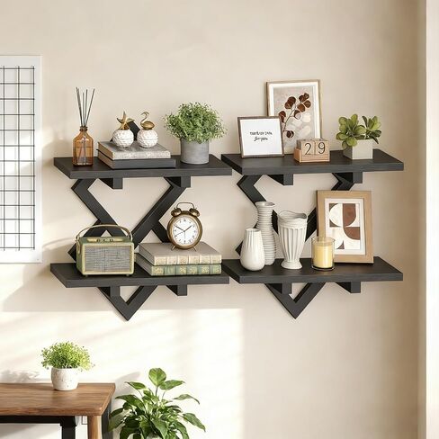 HOOBRO 15" Floating Shelves for Wall, Set of 2 Wall shelf, 2-Tier Hanging Shelves, Wall Mounted Storage Shelf, Display Rack, for Living Room Bedroom Kitchen Bathroom, Rustic Brown and Black BF14BJP201 in Saudi Arabia