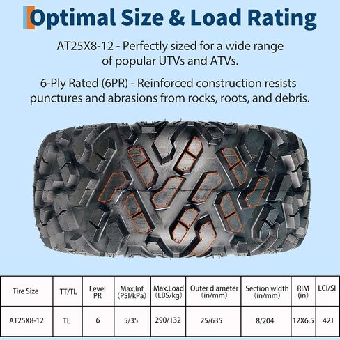 مجموعة إطارات 25x8-12 ATV UTV مكونة من 2، 6PR شديدة التحمل بدون أنابيب للطرق الوعرة، مداس اتجاهي عميق للطين والرمل والممر والشارع، يناسب العجلات الأربع والرباعية وإطارات المقطورة in Kuwait