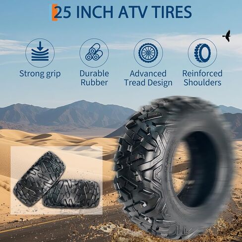 مجموعة إطارات 25x8-12 ATV UTV مكونة من 2، 6PR شديدة التحمل بدون أنابيب للطرق الوعرة، مداس اتجاهي عميق للطين والرمل والممر والشارع، يناسب العجلات الأربع والرباعية وإطارات المقطورة in Kuwait