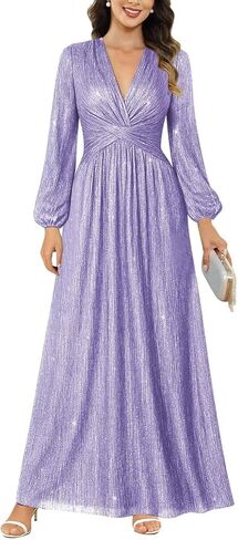 Long Sleeves Elegant Wedding Guest Dress for Women Glitter Tulle V Neck Mother of The Groom Dresses for Women A Line Mother of The Bride Dress Lavender US12 in Saudi Arabia