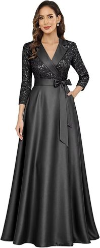 Sequin Satin Mother of The Bride Dresses for Women 3/4 Sleeves V Neck Long Formal Wedding Guest Dresses with Pockets in Kuwait