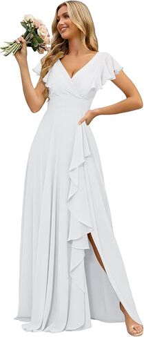 فساتين وصيفة العروس شيفون برقبة على شكل V من CuteMe للنساء مشد بأكمام واسعة مكشكشة فستان رسمي طويل مع فتحة CC016 in Kuwait