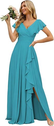 CuteMe Chiffon V Neck Bridesmaid Dresses for Women Flutter Sleeve Corset Ruffled Long Formal Dress with Slit CC016 in Saudi Arabia