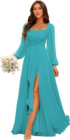 فساتين وصيفة الشرف بأكمام طويلة طويلة مع الكشكشة الشق فستان السهرة الرسمي الشيفون ZU057 in Kuwait