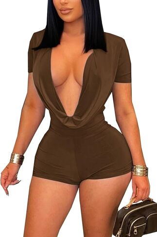 DINGANG Jumpsuit for Women Sexy Deep V Neck Short Sleeve Bodycon Romper Party Club Outfits in Kuwait