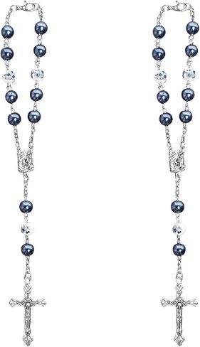 2PCS Car Rosary for Rearview Mirror, Rear View Mirror Charm Blessing Beads Pendant Interior Decor, Personalized Medal and Cross Car Hanging Accessories for Women Men (Black) in Saudi Arabia