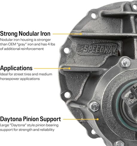 Speedway Motors 9 Inch Posi Differential Third Member, 28 Spline, 3.25 Gear Ratio, Nodular Iron Housing, Clutch-Style Limited Slip, Daytona Pinion Support, Hand Assembled 1310 Yoke in Saudi Arabia