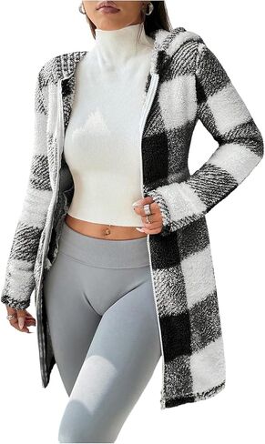 Women's Plaid Fuzzy Zip Up Jacket Casual Hooded Long Sleeve Fitted Warm Coat with Pockets in Saudi Arabia