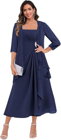 2 Pieces Tea Length Mother of The Bride Dresses with Jacket Chiffon Long Sleeve Evening Formal Dress in Kuwait