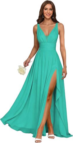 2026 Long Chiffon V - Neck Bridesmaid Dress with Slit, Sleeveless Formal Gown Style GO021 in Kuwait