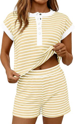 Fisoew Womens Striped 2 Piece Outfits Casual Button Henley Shirts Tops Loose Workout Shorts Matching Lounge Sets in Kuwait