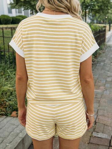 Fisoew Womens Striped 2 Piece Outfits Casual Button Henley Shirts Tops Loose Workout Shorts Matching Lounge Sets in Kuwait