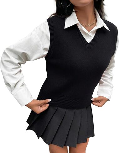 Barry.Wang Women's Sweater Vest V Neck Sleeveless Knitted Preppy Style Pullover Sweaters Tank Tops in Saudi Arabia