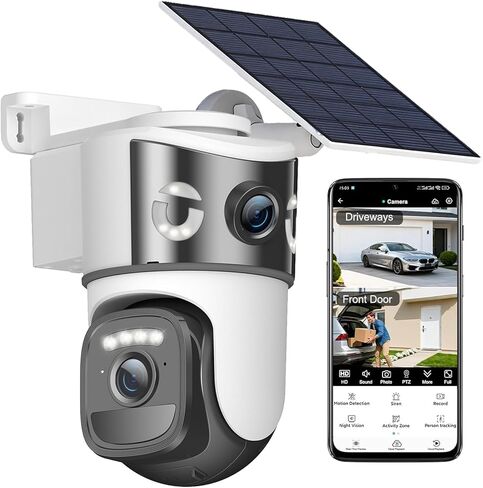 Dual Lens Security Cameras Wireless Outdoor, Solar-Powered Home Security Camera with 6MP Color Night Vision, 2-Way Audio, PIR Motion Alarm, 5GHz/2.4Hz WiFi, Spotlight Siren, Waterproof in Kuwait
