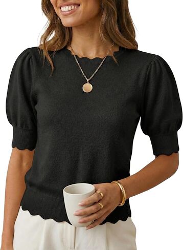Short Sleeve Sweater for Women Pullover Knit Tops Scalloped Crewneck Puff Sleeve 2026 in Saudi Arabia