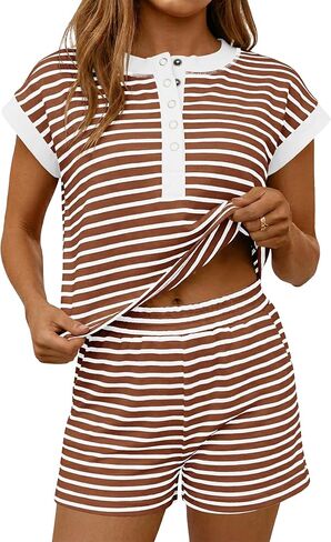 Fisoew Womens Striped 2 Piece Outfits Casual Button Henley Shirts Tops Loose Workout Shorts Matching Lounge Sets in Kuwait