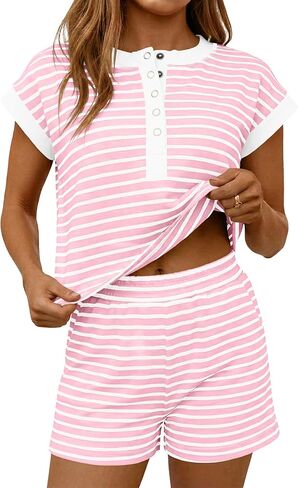 Fisoew Womens Striped 2 Piece Outfits Casual Button Henley Shirts Tops Loose Workout Shorts Matching Lounge Sets in Kuwait