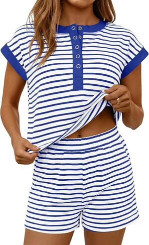 Fisoew Womens Striped 2 Piece Outfits Casual Button Henley Shirts Tops Loose Workout Shorts Matching Lounge Sets in Kuwait