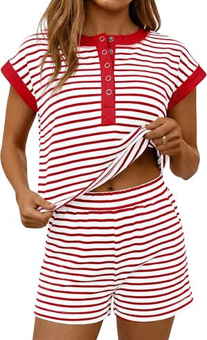 Fisoew Womens Striped 2 Piece Outfits Casual Button Henley Shirts Tops Loose Workout Shorts Matching Lounge Sets in Kuwait
