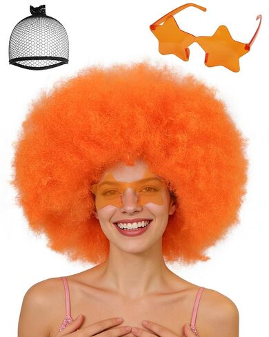 3 Pcs Mrs Roper Wig Short Curly Red Orange Wig for Women Red Afro Wig with Orange Jewelry Necklace for Halloween Costume Party Disco Retro Wig Outfit Large Head XL Wig Synthetic Wig +Wig Cap ﻿ in Saudi Arabia