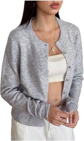 سترة نسائية من GORGLITTER بأزرار سفلية وأكتاف منسدلة، سترة محبوكة باستيل مفتوحة من الأمام، لطيفة بأكمام طويلة in Kuwait