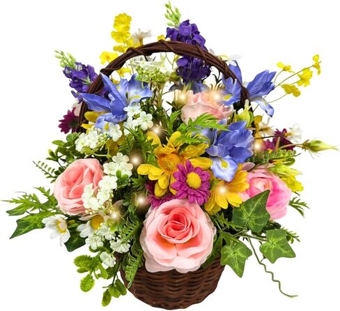Lnymura Pre-lit Spring Summer Rose Flower Basket with Timer 13 Inch Rustic Floral Arrangement Table Centerpiece with Wildflower, Roses, Daisies and 10 Warm White LEDs for Home Kitchen Decor in Saudi Arabia
