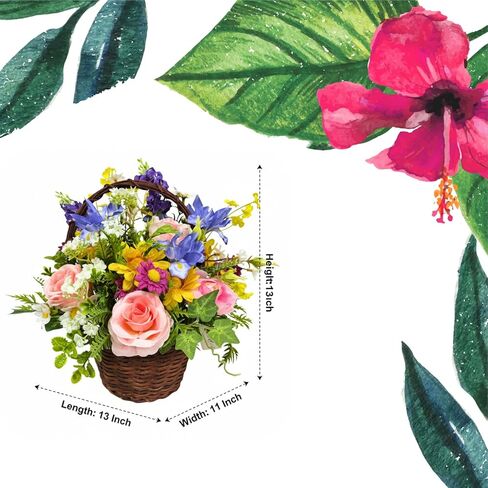 Lnymura Pre-lit Spring Summer Rose Flower Basket with Timer 13 Inch Rustic Floral Arrangement Table Centerpiece with Wildflower, Roses, Daisies and 10 Warm White LEDs for Home Kitchen Decor in Saudi Arabia