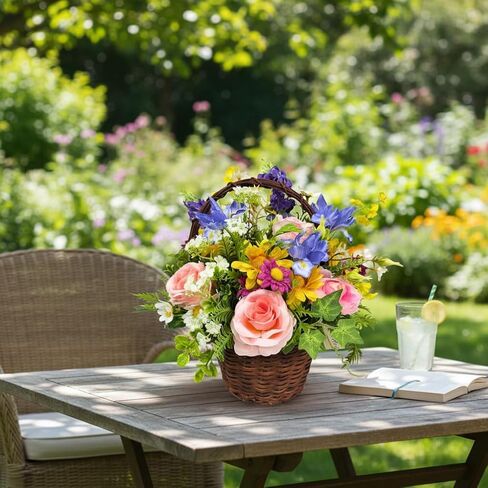 Lnymura Pre-lit Spring Summer Rose Flower Basket with Timer 13 Inch Rustic Floral Arrangement Table Centerpiece with Wildflower, Roses, Daisies and 10 Warm White LEDs for Home Kitchen Decor in Saudi Arabia