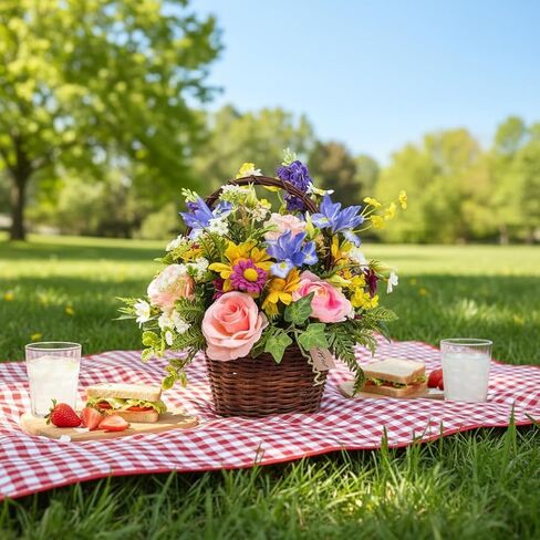 Lnymura Pre-lit Spring Summer Rose Flower Basket with Timer 13 Inch Rustic Floral Arrangement Table Centerpiece with Wildflower, Roses, Daisies and 10 Warm White LEDs for Home Kitchen Decor in Saudi Arabia