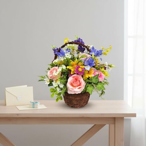 Lnymura Pre-lit Spring Summer Rose Flower Basket with Timer 13 Inch Rustic Floral Arrangement Table Centerpiece with Wildflower, Roses, Daisies and 10 Warm White LEDs for Home Kitchen Decor in Saudi Arabia