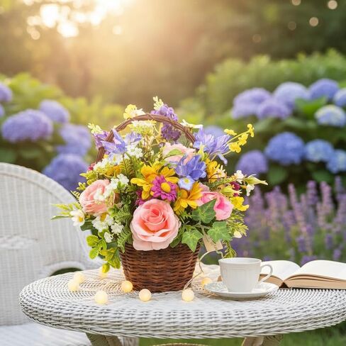 Lnymura Pre-lit Spring Summer Rose Flower Basket with Timer 13 Inch Rustic Floral Arrangement Table Centerpiece with Wildflower, Roses, Daisies and 10 Warm White LEDs for Home Kitchen Decor in Saudi Arabia