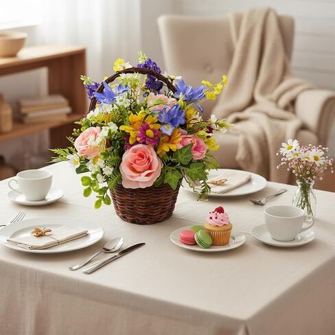 Lnymura Pre-lit Spring Summer Rose Flower Basket with Timer 13 Inch Rustic Floral Arrangement Table Centerpiece with Wildflower, Roses, Daisies and 10 Warm White LEDs for Home Kitchen Decor in Saudi Arabia
